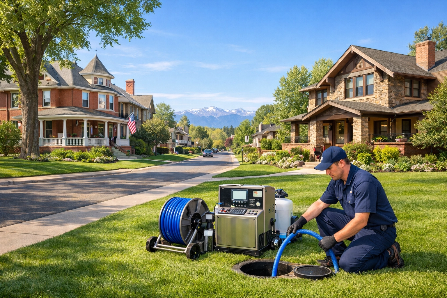 A professional technician performing a clean, trenchless sewer repair on a residential Denver lawn.