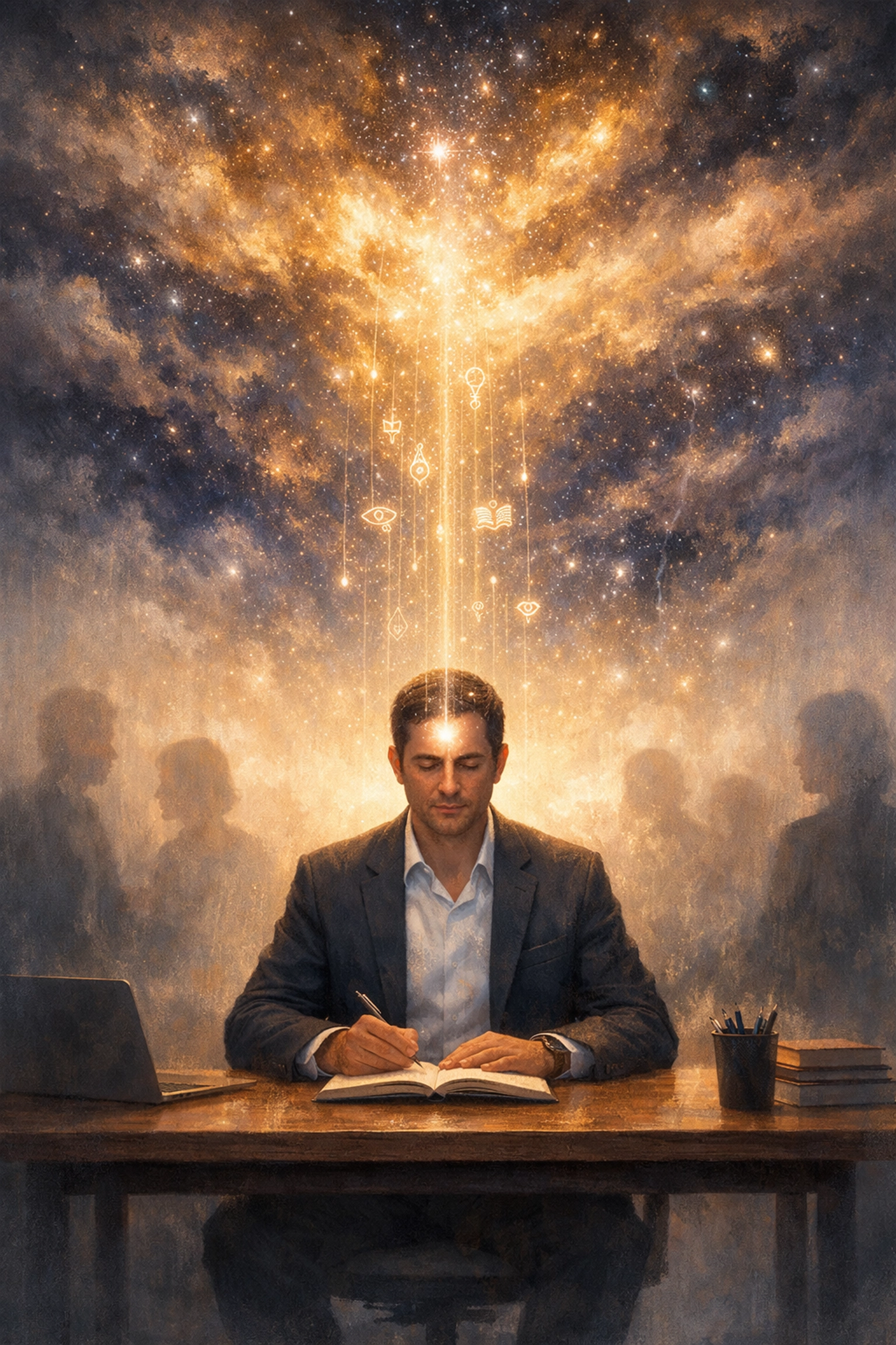 A professional man accessing Akashic Records for intuitive clarity and career guidance amid cosmic light.