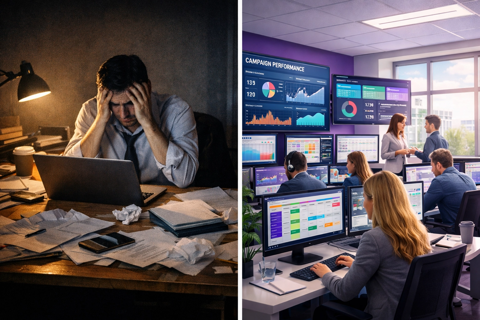 Contrast between solo marketing efforts and dedicated professional marketing team operations