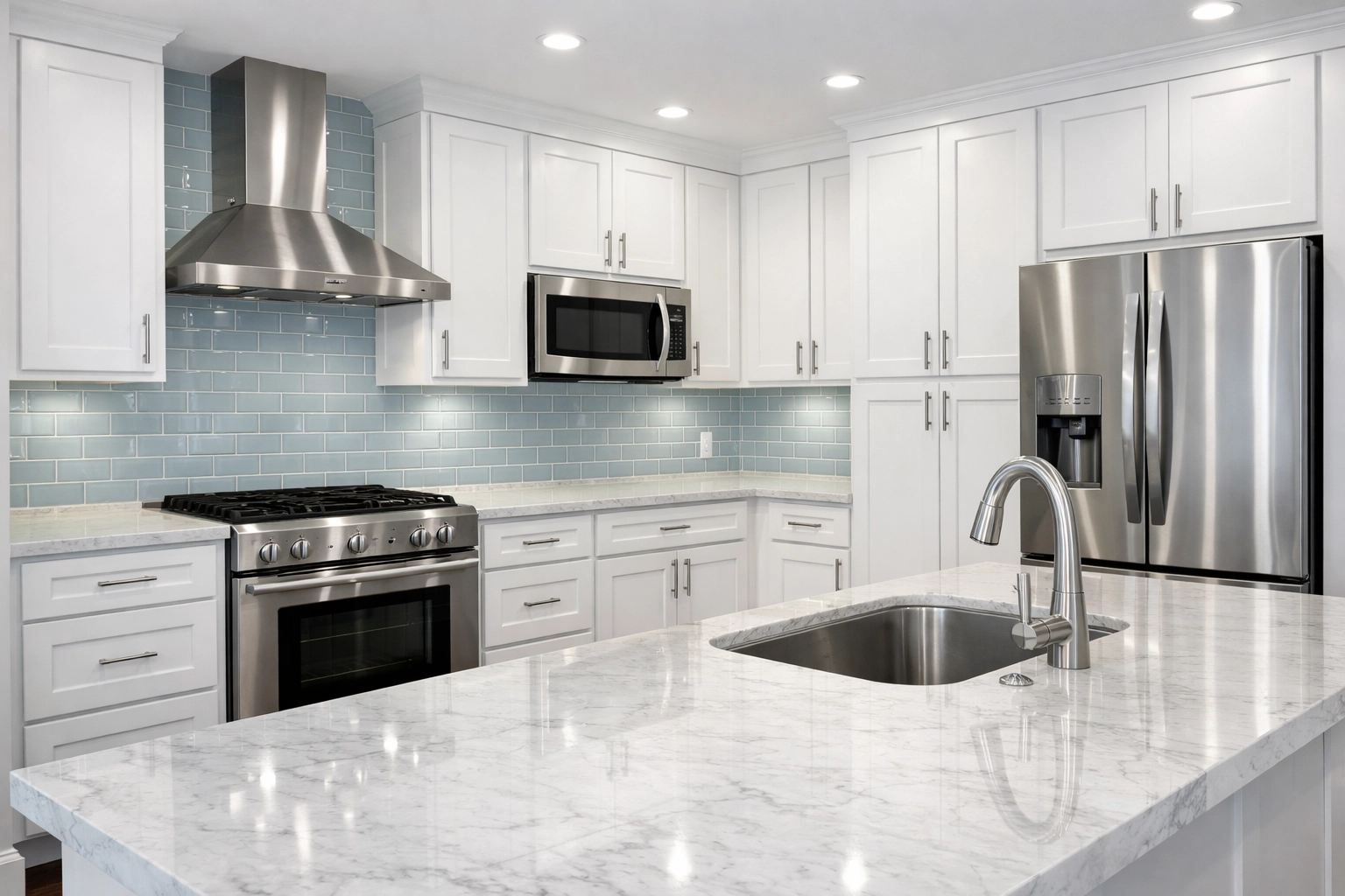 Spotless white kitchen with marble counters after a professional move-out house cleaning Ashburnham MA.
