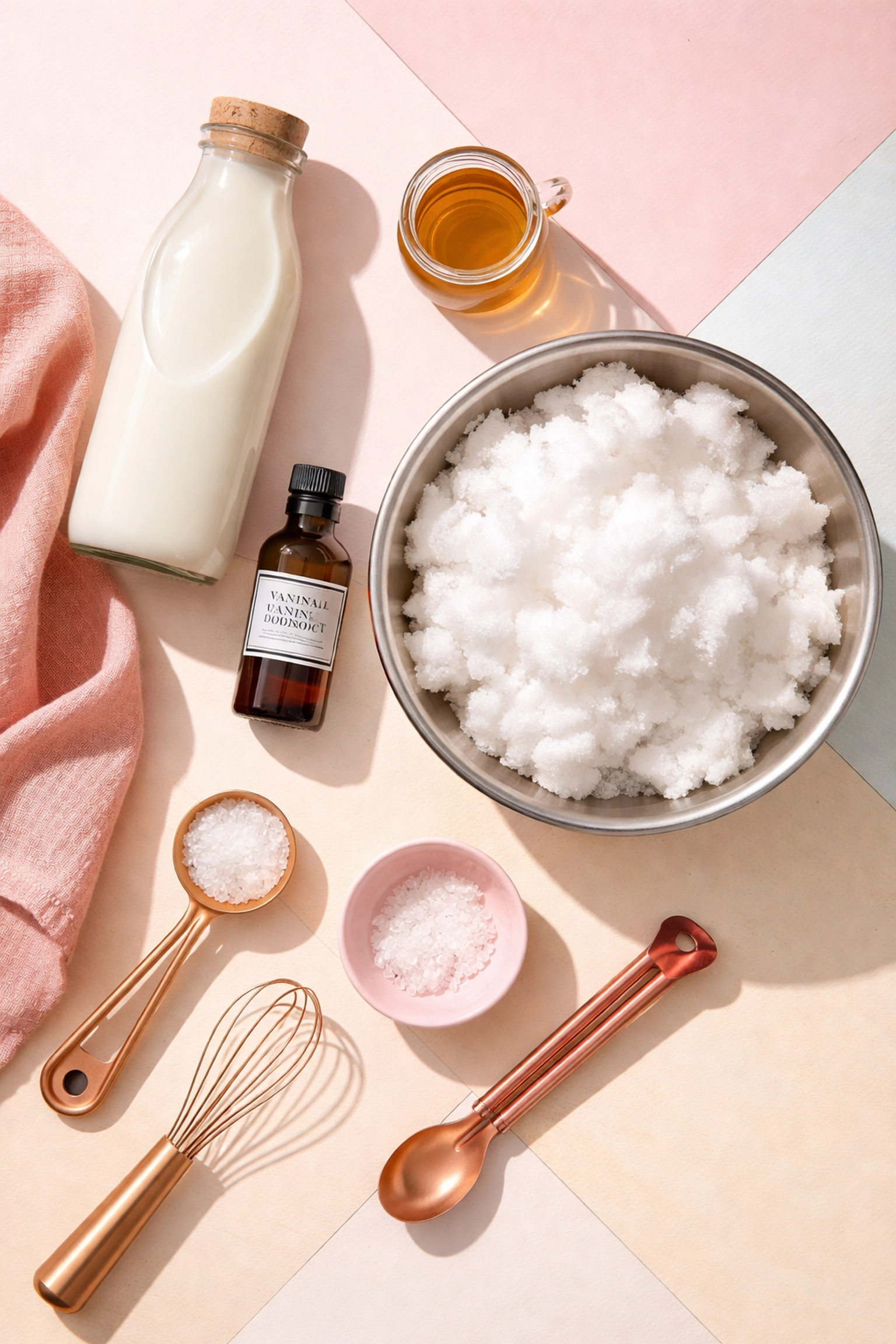 Healthy snow cream ingredients including almond milk, maple syrup, vanilla extract, and fresh snow