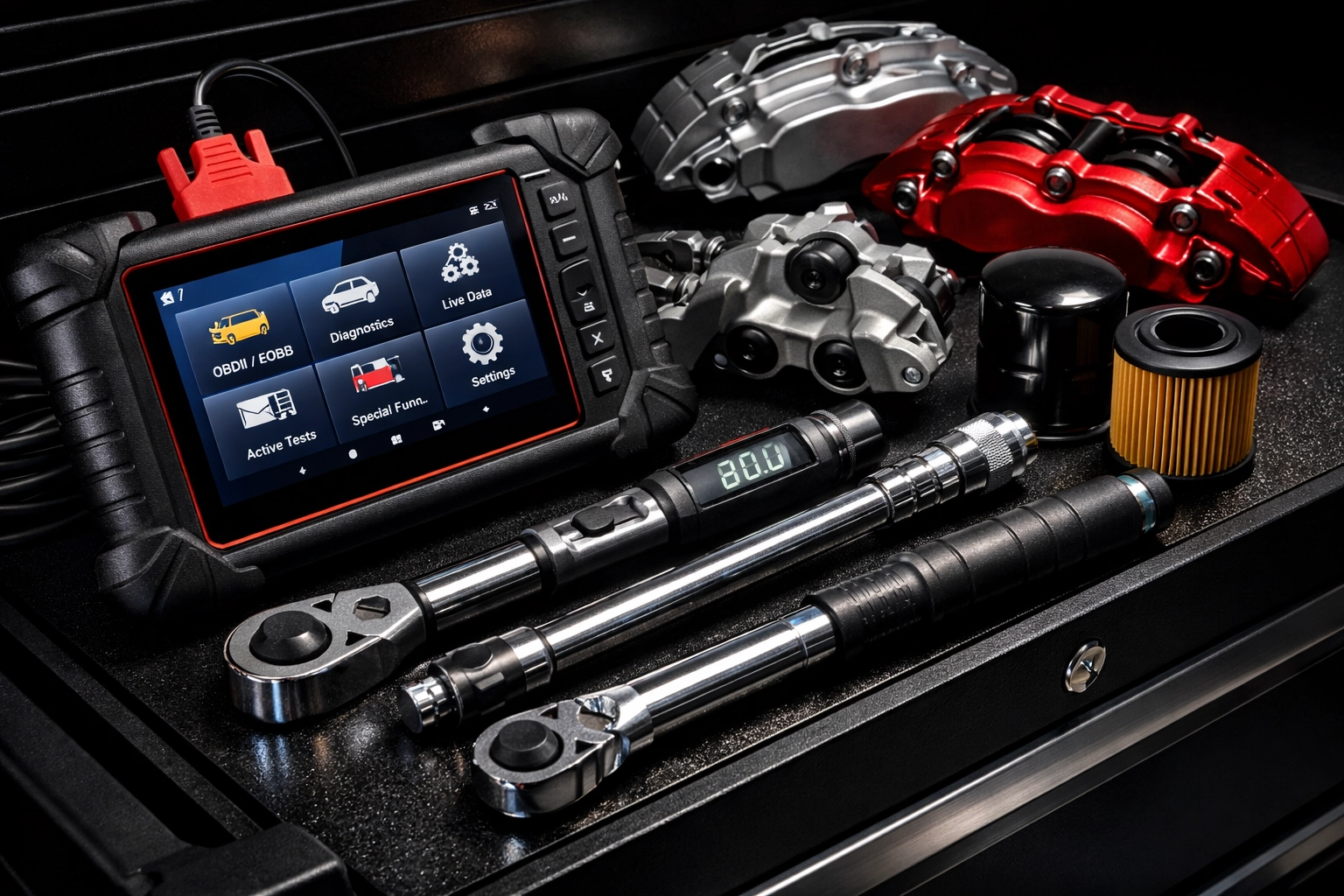 Professional automotive diagnostic tools and equipment used by mobile mechanics