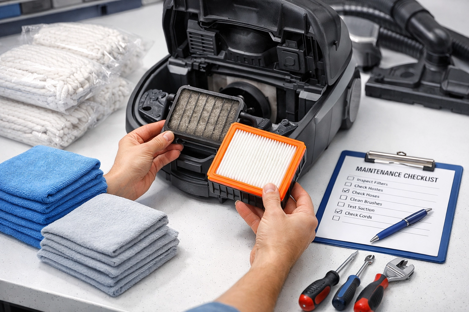 Commercial vacuum filter maintenance and cleaning equipment on workbench