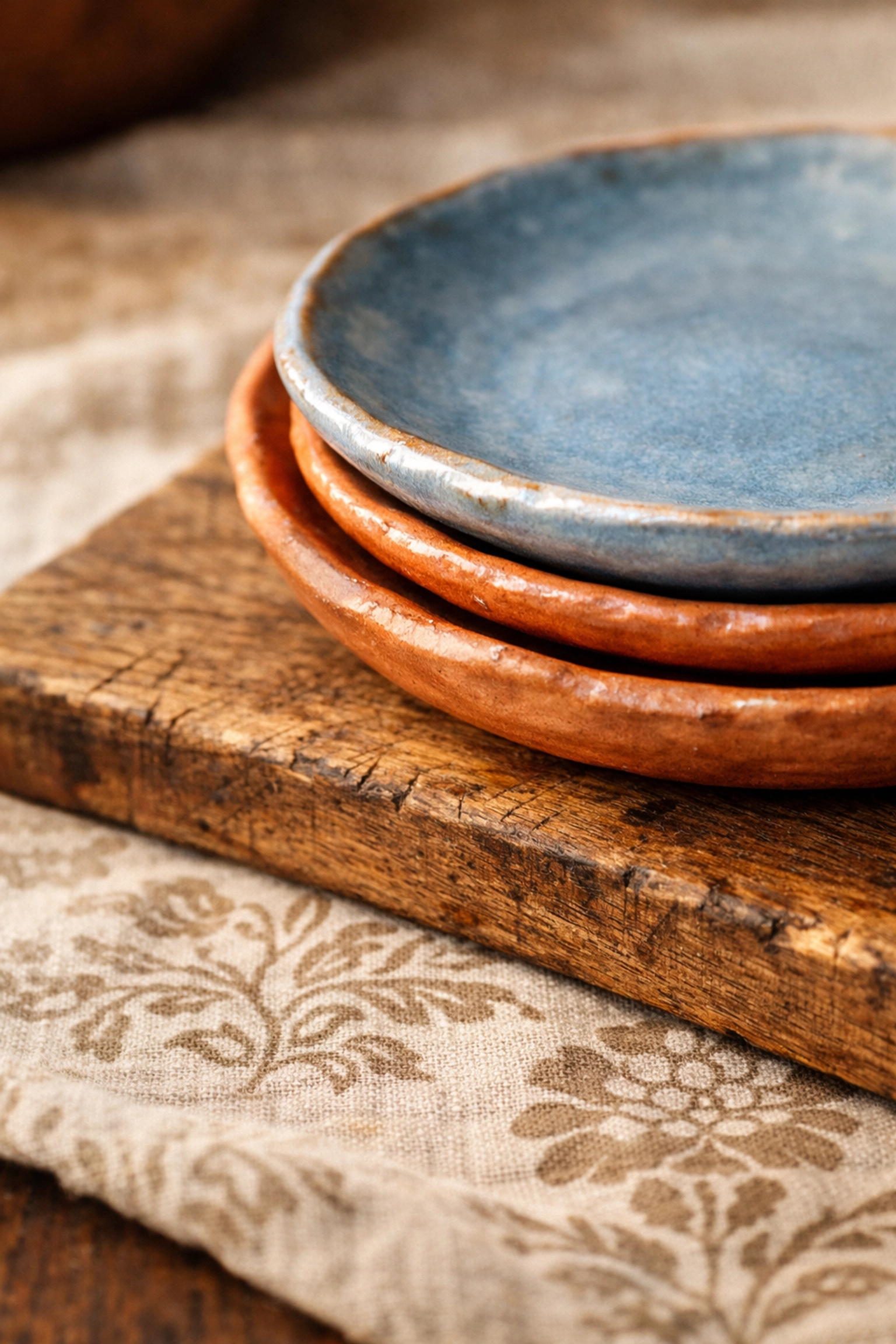Layered artisan home decor tabletop with handcrafted wood board and glazed ceramic plates on floral linen.