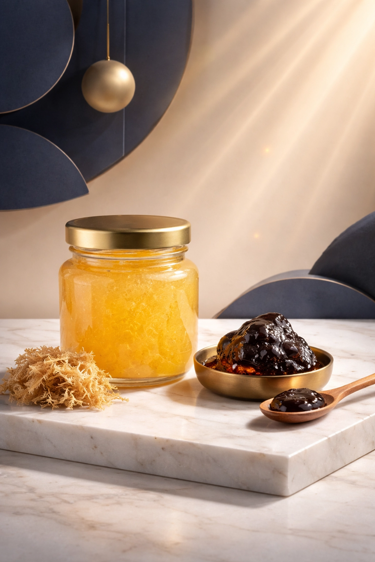 Artistic display of golden sea moss gel and shilajit resin together, representing a natural brain fog remedy