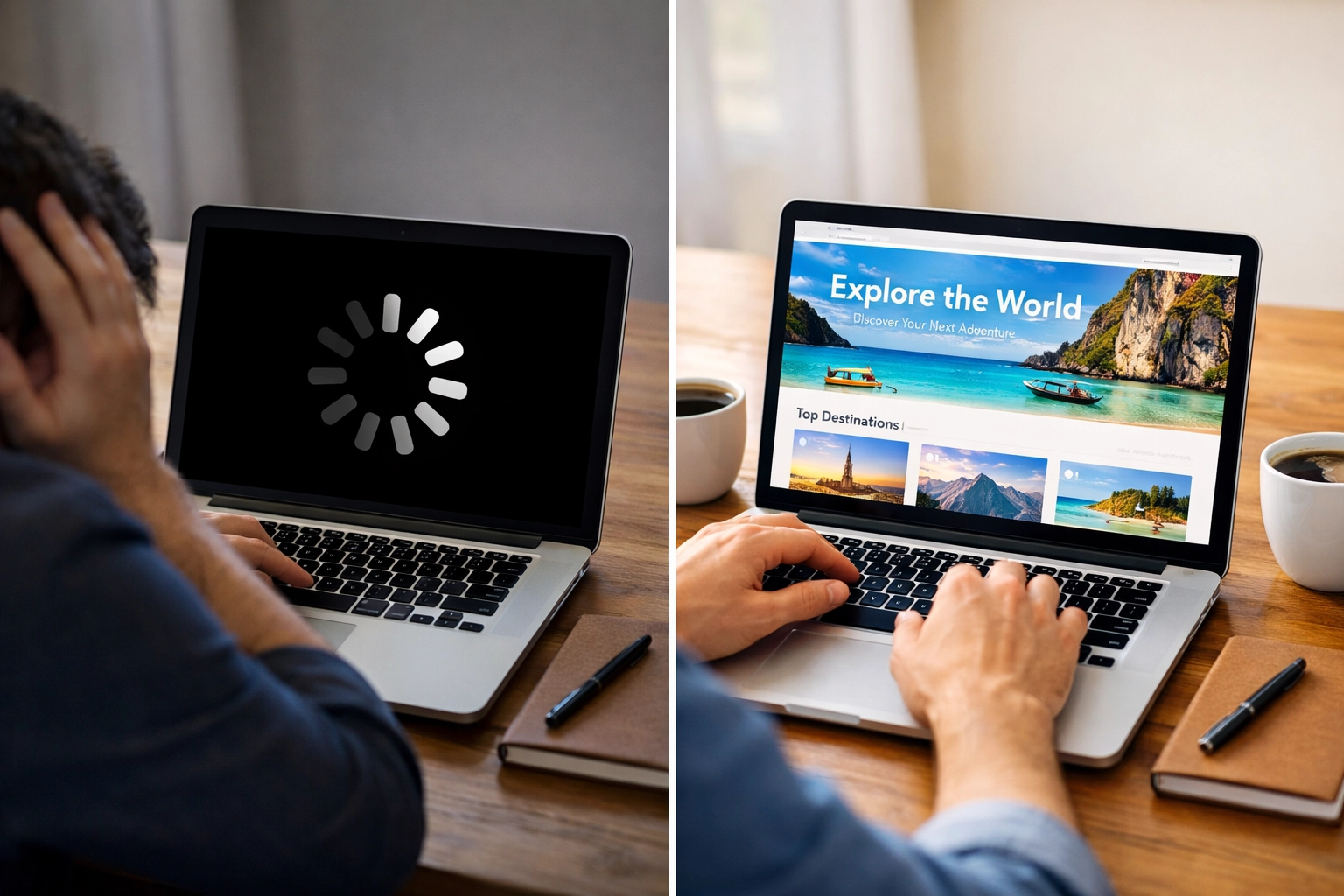 Side-by-side comparison of slow loading website versus fast loading website on laptops