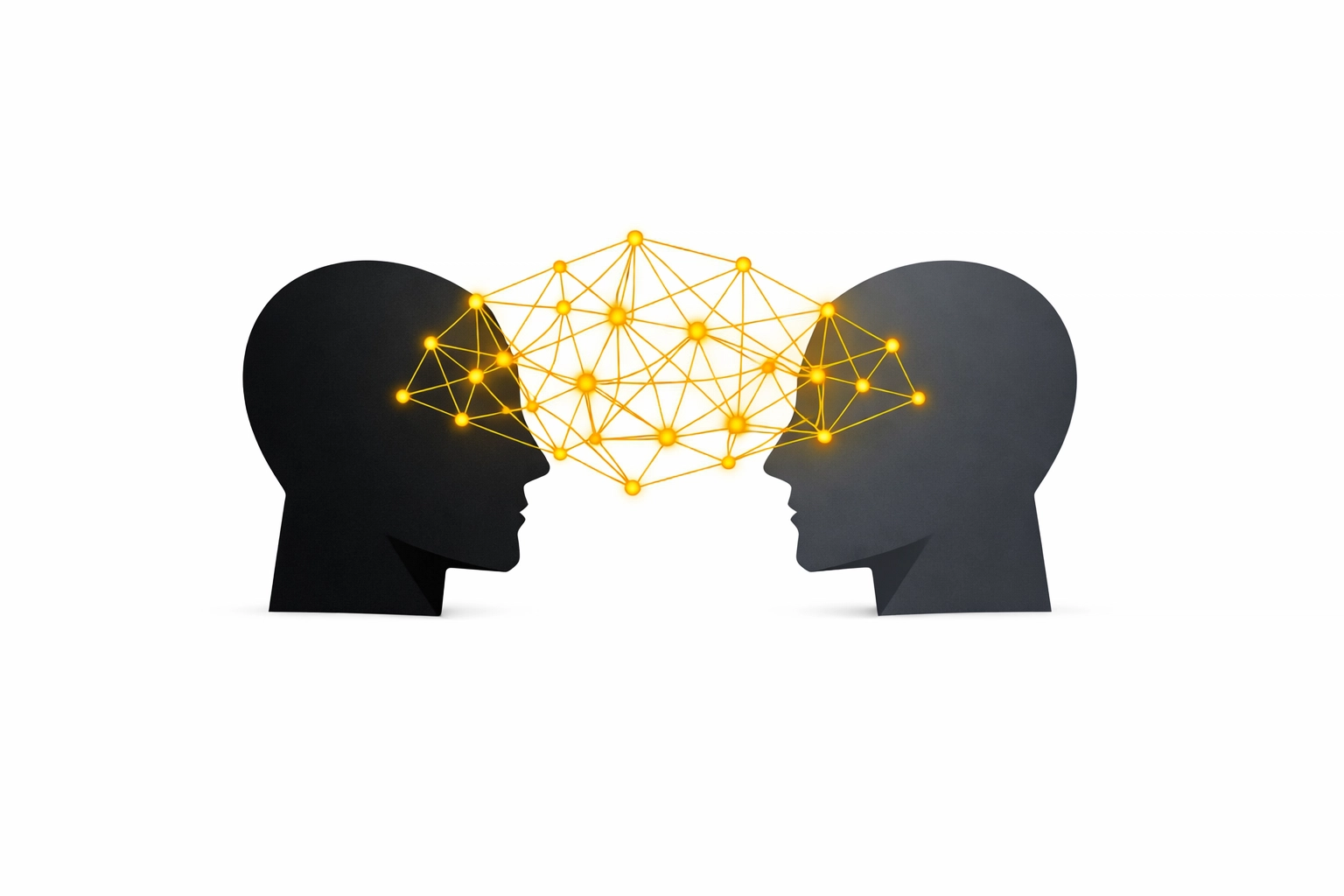 Silhouettes of two people sharing a golden network of AI prompts and ideas for workplace collaboration.