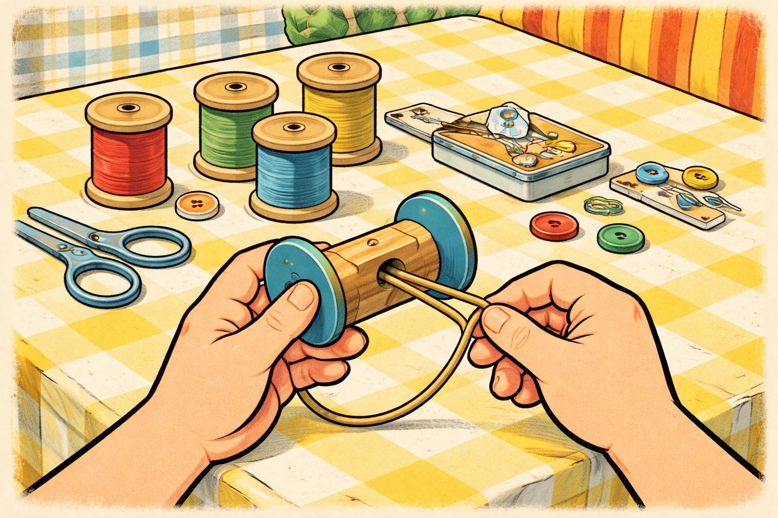 Child's hands threading a rubber band through a wooden spool on a kitchen table, showing step-by-step tractor assembly