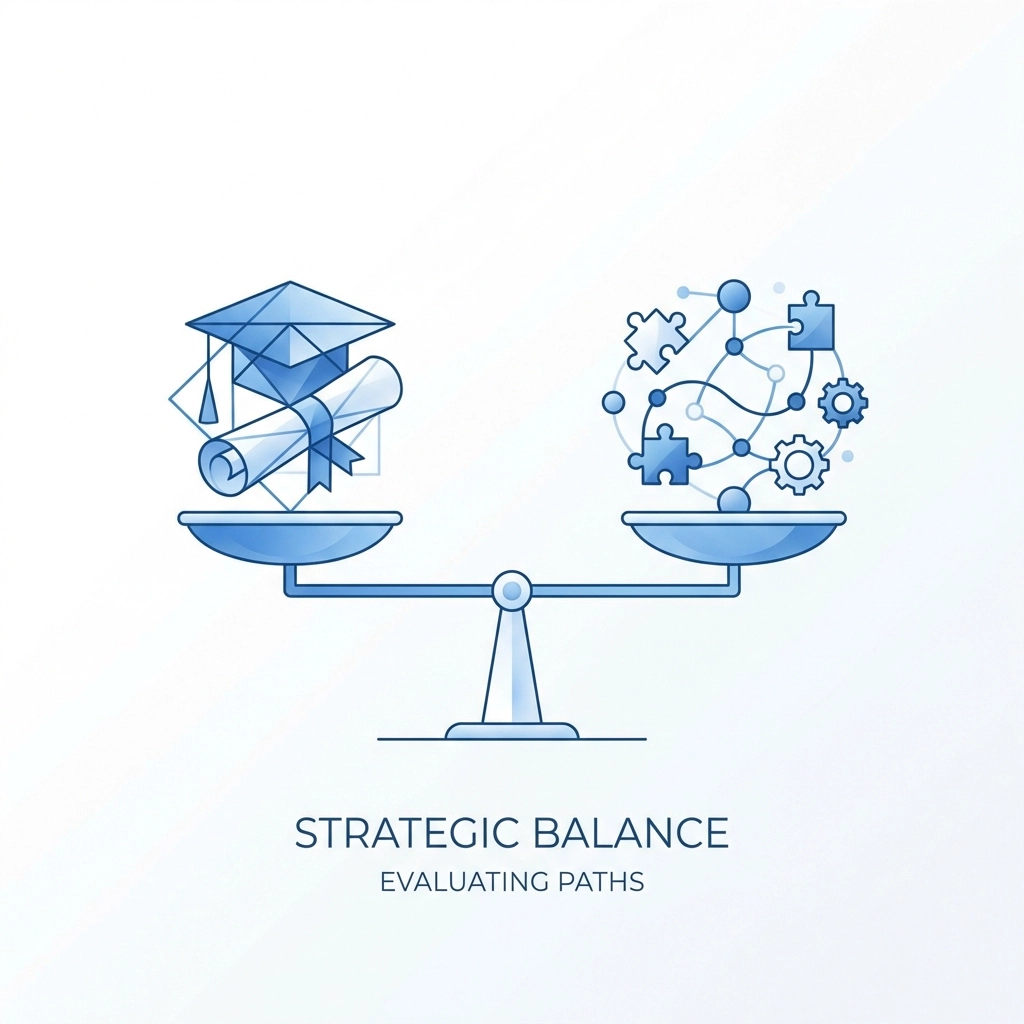 Balanced scale comparing college degrees and in-demand job skills for talent evaluation