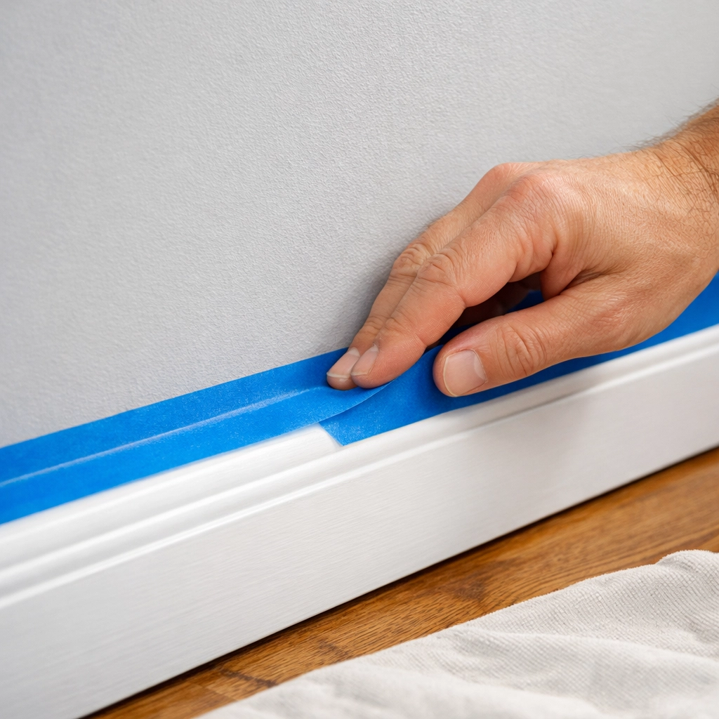 Professional preparation for interior painting Orlando featuring painter's tape on clean baseboards.