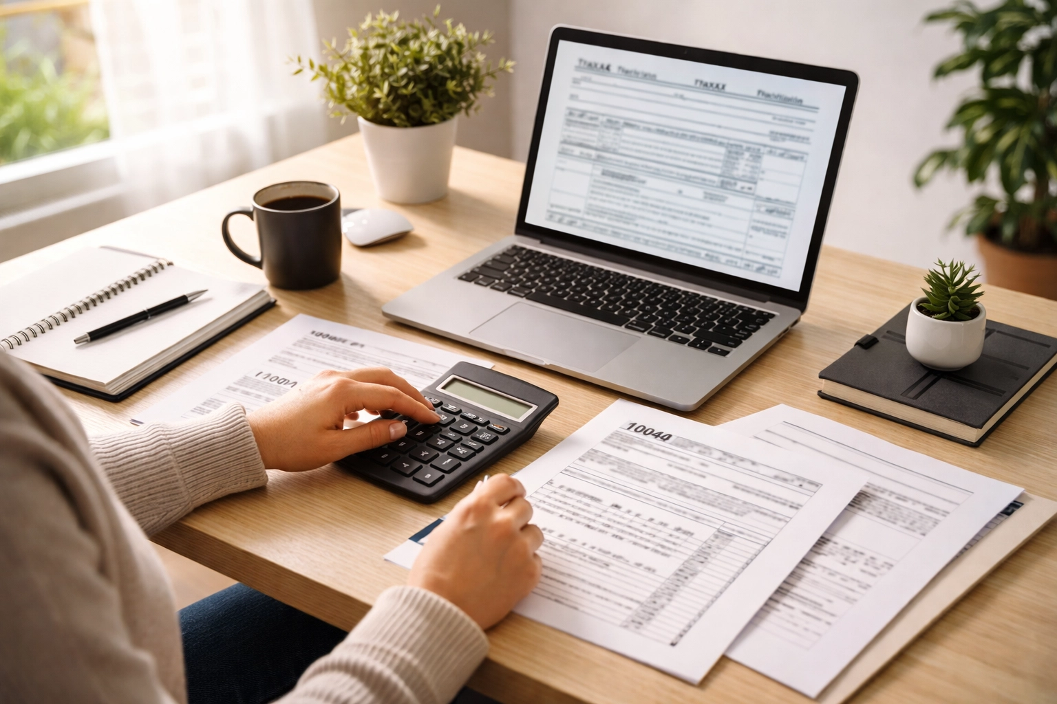 Person organizing tax documents at a home office desk, illustrating tax planning for side hustles and 1099 income.