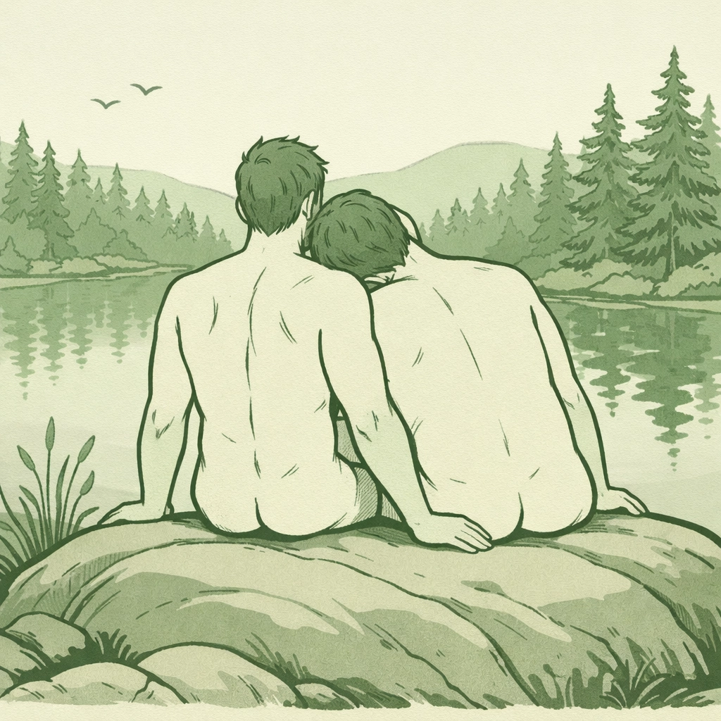 A gay couple with diverse body types sitting by a forest lake, illustrating body positivity in gay literature.