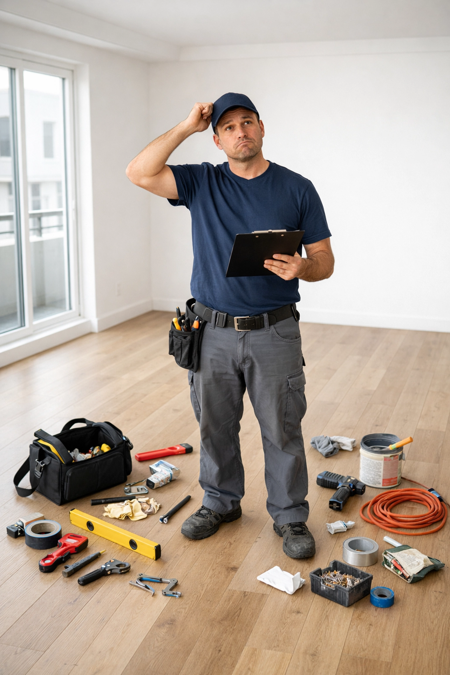 Maintenance technician with scattered tools in vacant apartment showing disorganized make-ready process