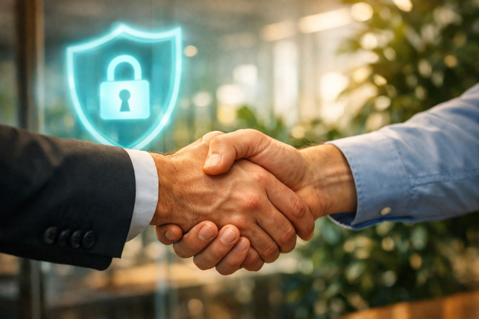 Professional handshake with security shield overlay representing trust in small business web design.