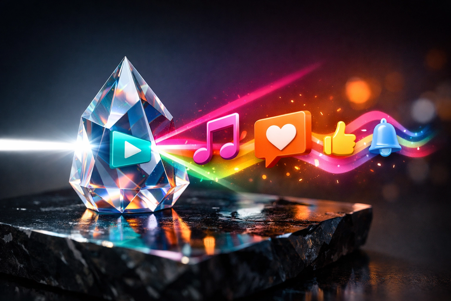 A crystal prism refracting light into multiple formats, illustrating how to repurpose content for small business.