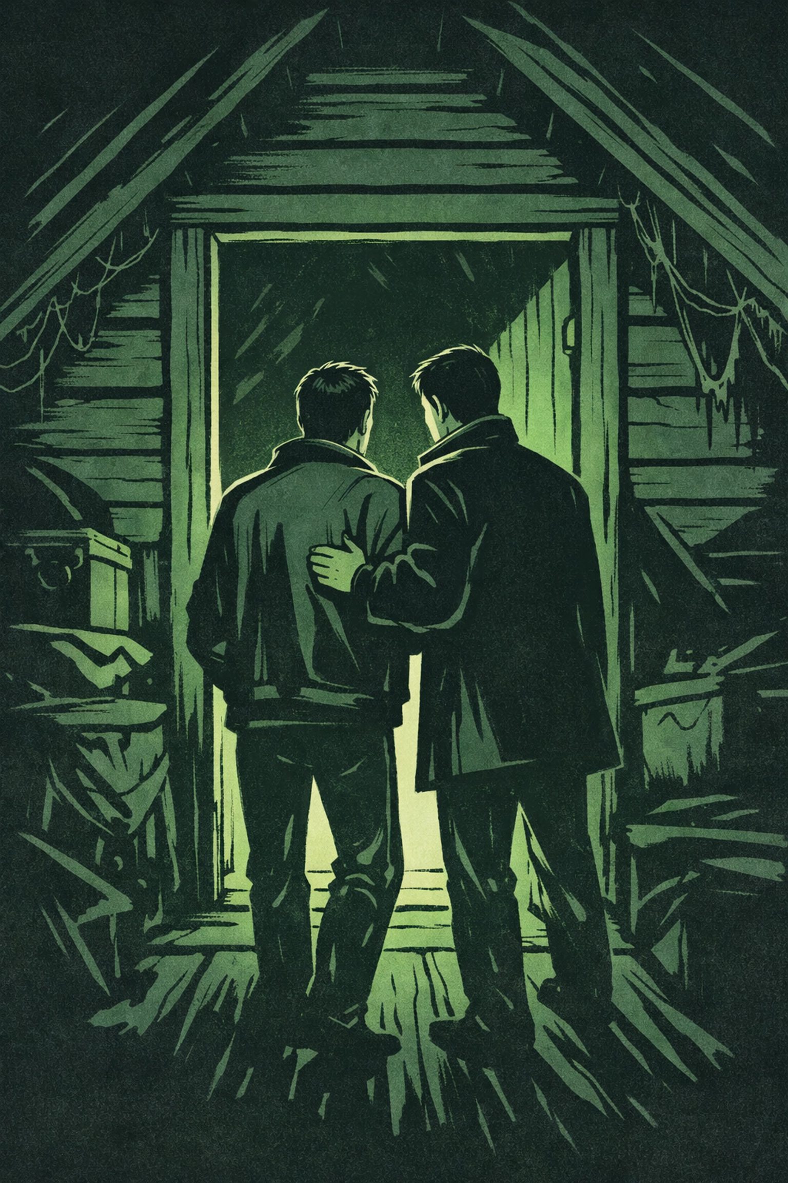 Gay protagonists entering Victorian attic in psychological thriller atmosphere