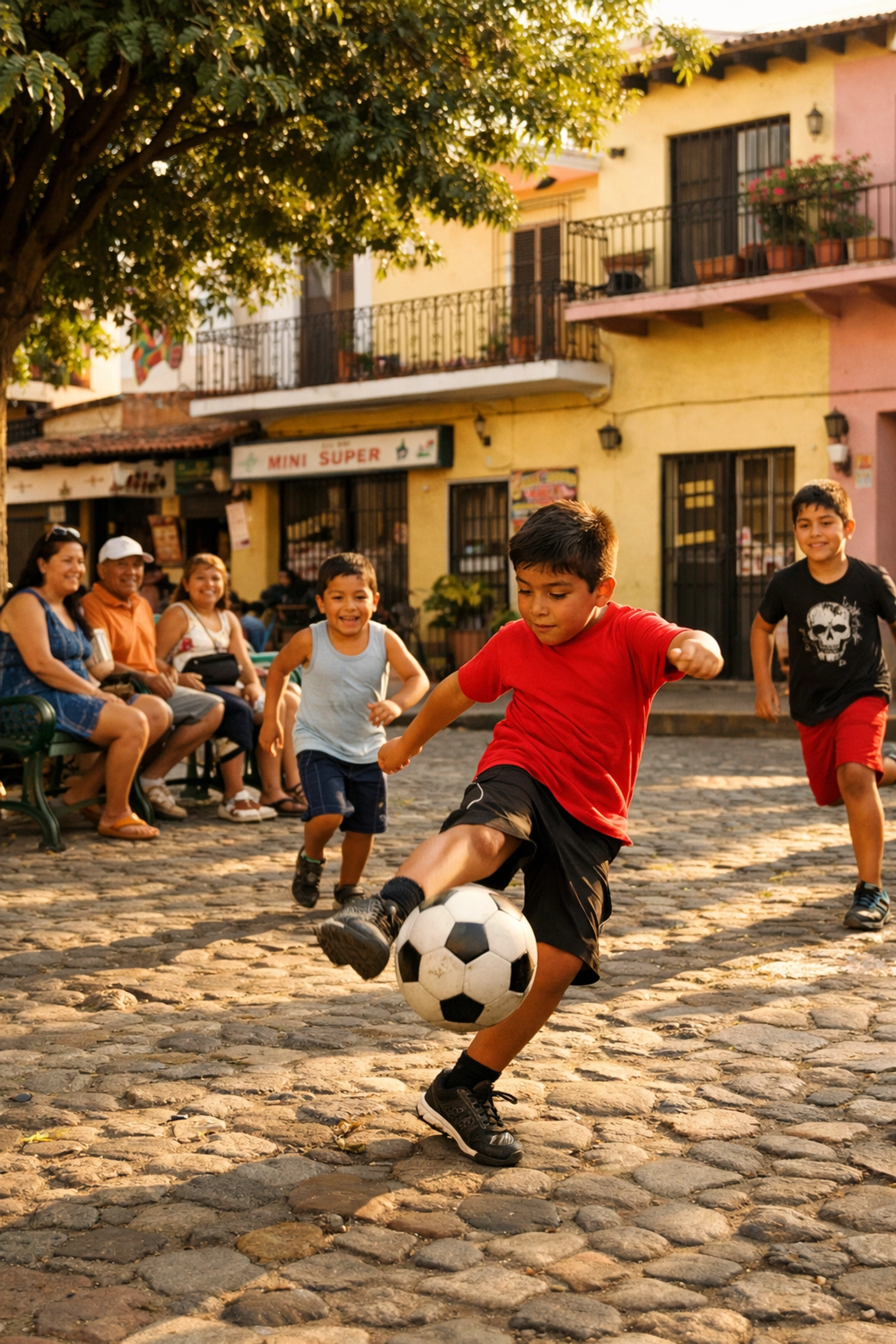Children playing soccer in Old Town Puerto Vallarta plaza near family-friendly rentals