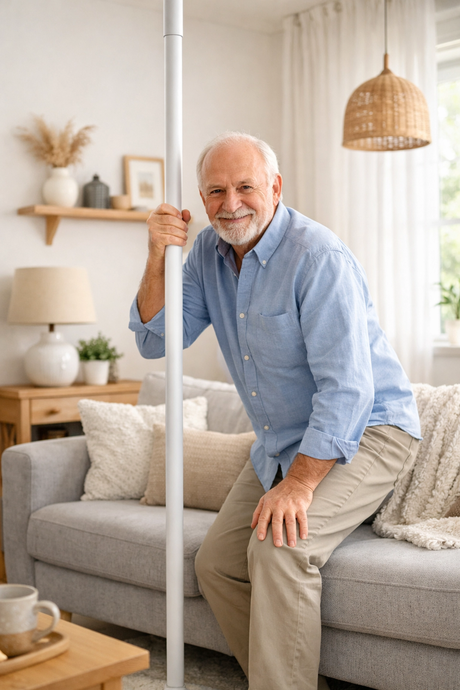 Senior man using a floor-to-ceiling safety pole for support while standing from a sofa.