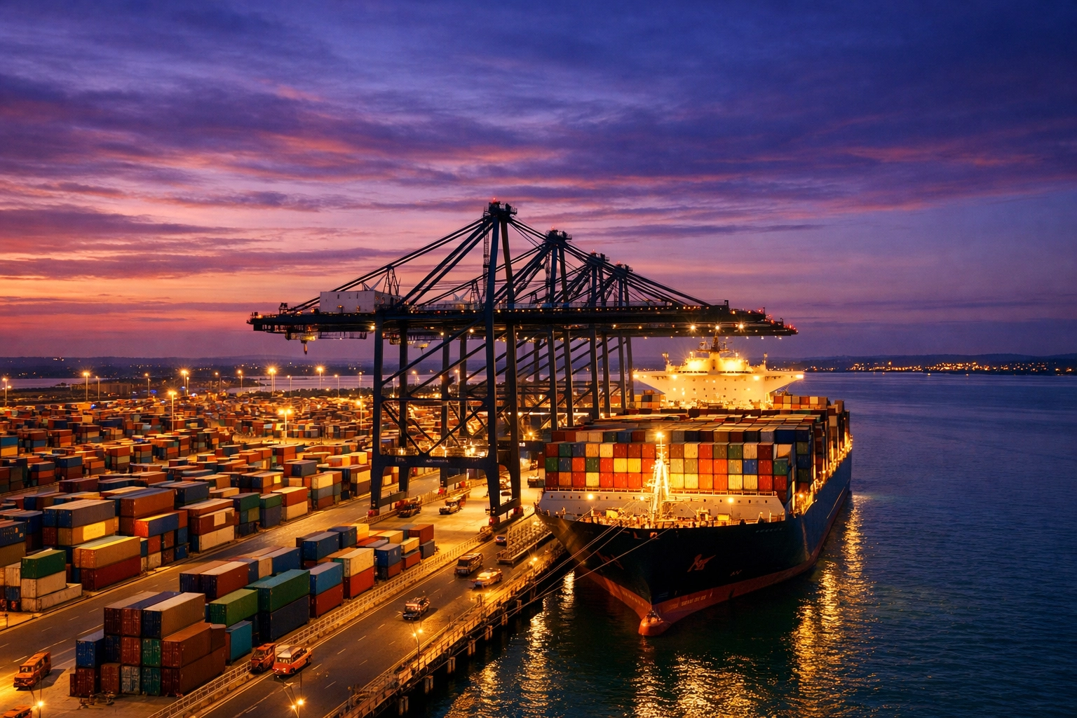 UK shipping port with cargo vessel and cranes handling sea freight operations