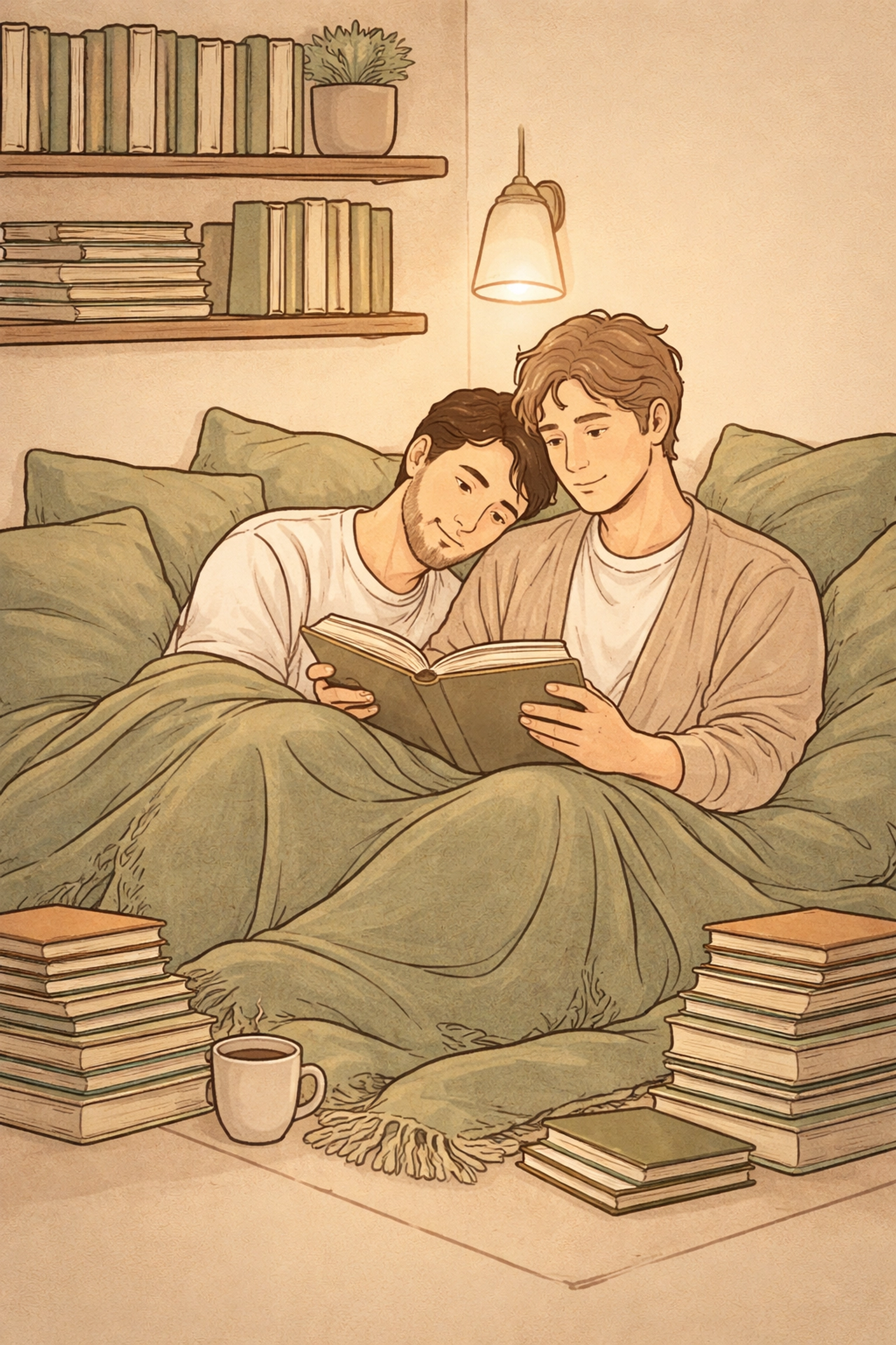 Cozy scene with two men reading together in a book-filled nook, highlighting MM companionship and shared love for body-positive queer literature.