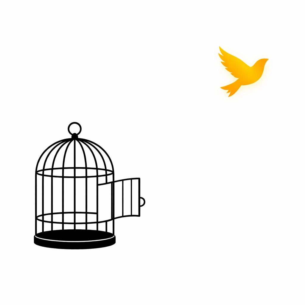 A golden bird flying out of a cage symbolizing freedom from manual inbox tasks through AI productivity.