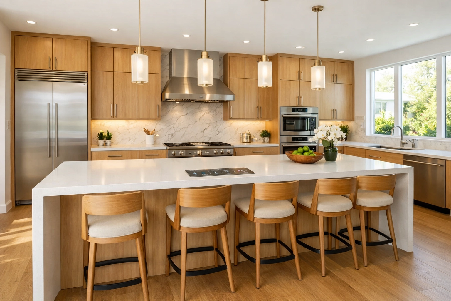 Modern kitchen remodeling Orlando featuring a white quartz island and custom light-oak cabinetry.