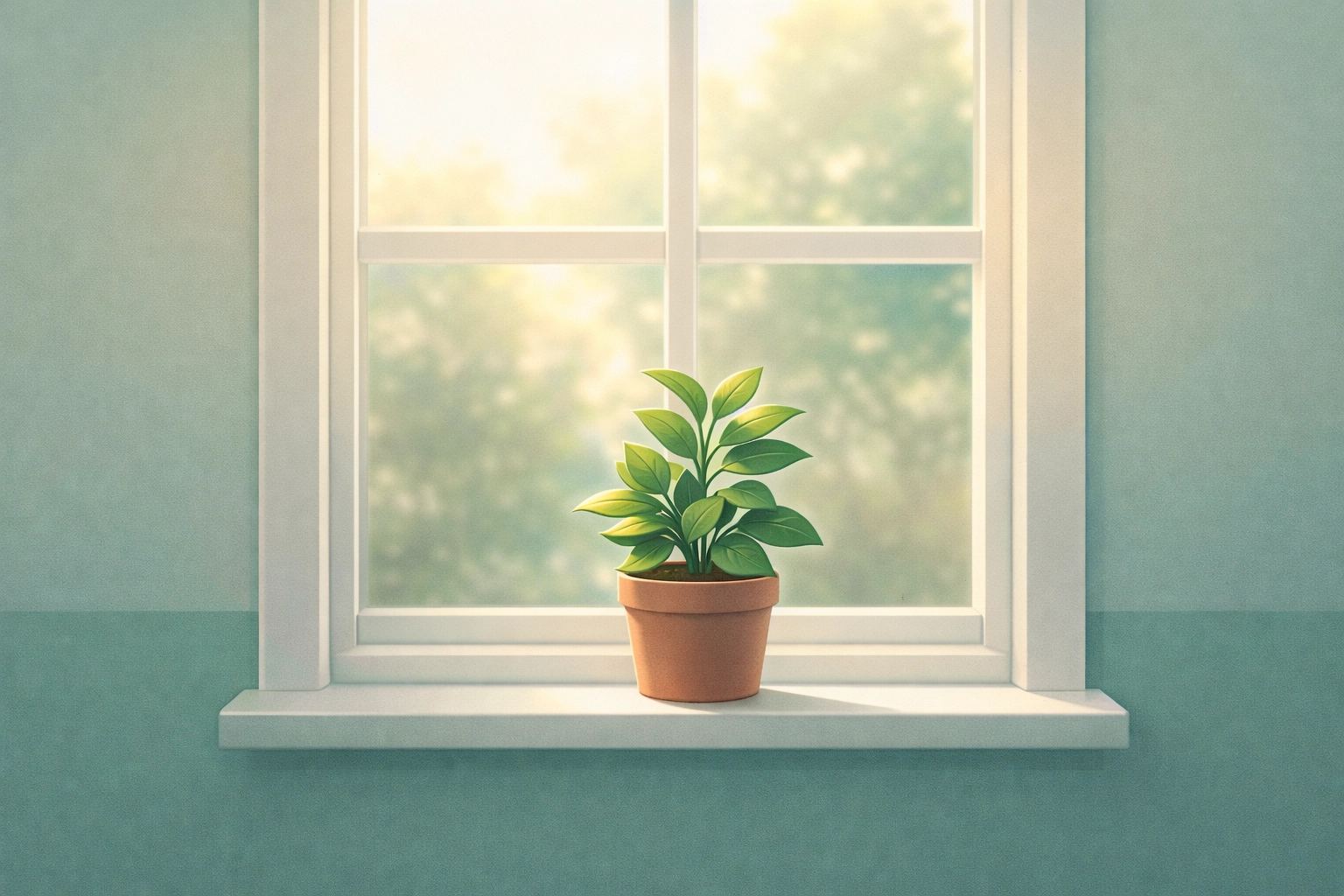 A simple plant in a window with soft light and muted teal accents, evoking calm and groundedness.