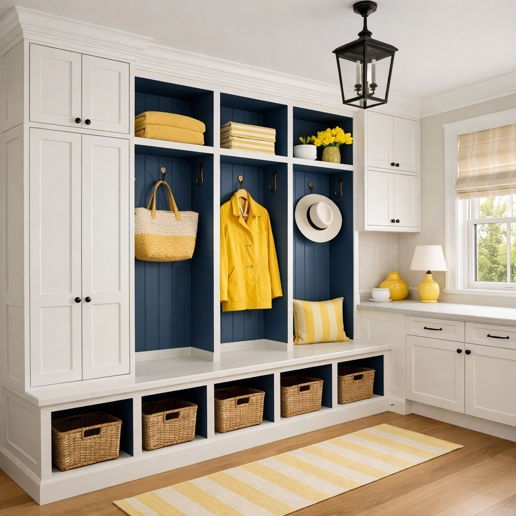 A spotless and organized luxury mudroom maintained by expert residential cleaning Massachusetts services.