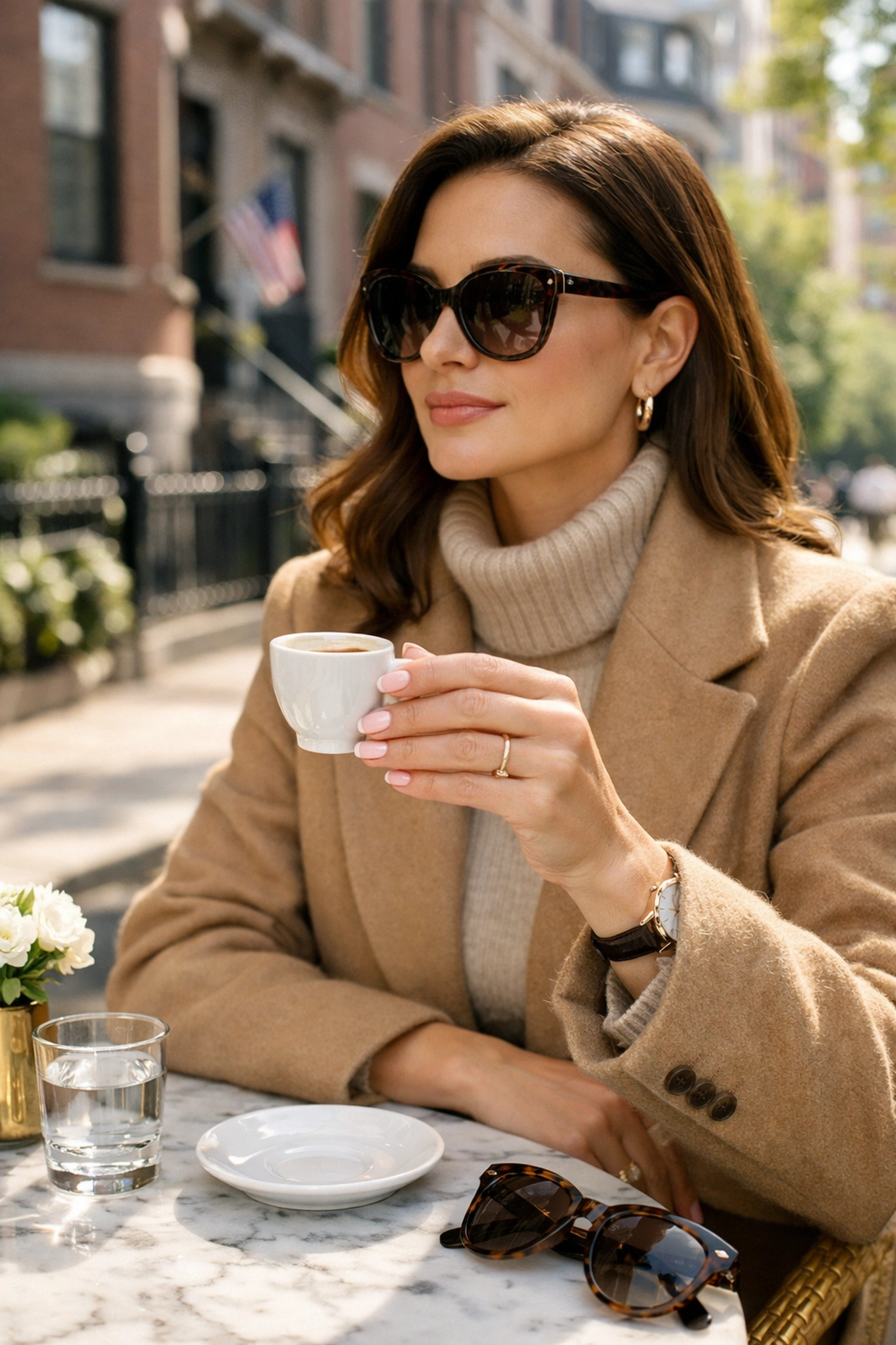 Elegant woman with a soft pink Japanese gel nails Boston manicure sitting at a café with a high-gloss finish.