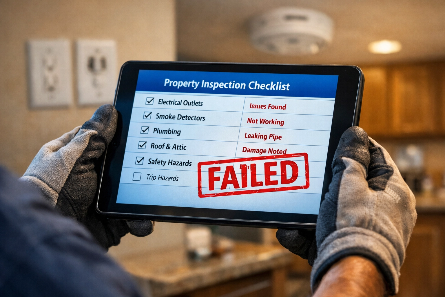 Property inspection checklist showing failed rental inspection results on digital tablet