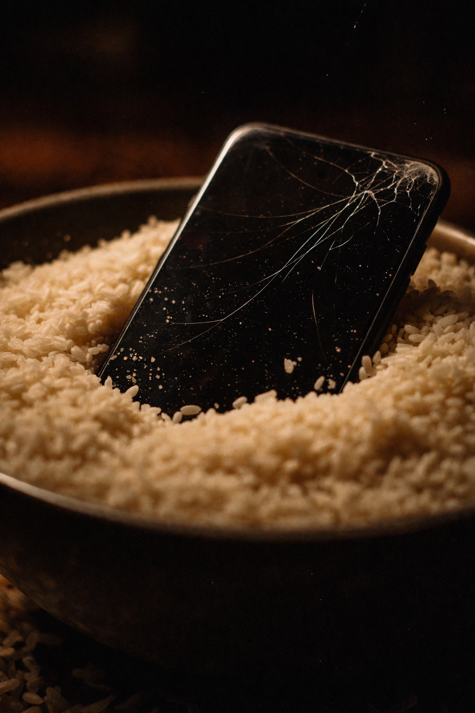 Cracked smartphone half-buried in rice, showing dust collecting on a phone screen in Brooklyn repair scenario