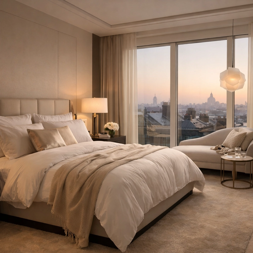 Peaceful Knightsbridge penthouse bedroom with secondary glazing for noise reduction