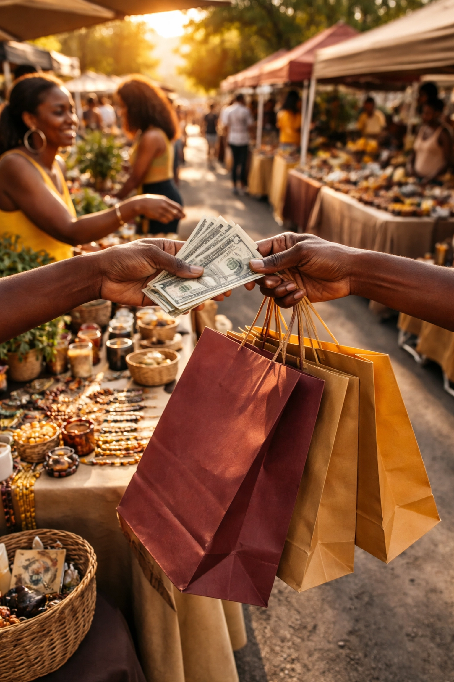 From Kemet to Black Wall Streets: The Untold History of Black Wealth They Never Taught You Black hands exchanging money at a lively Black-owned outdoor market, showcasing economic empowerment