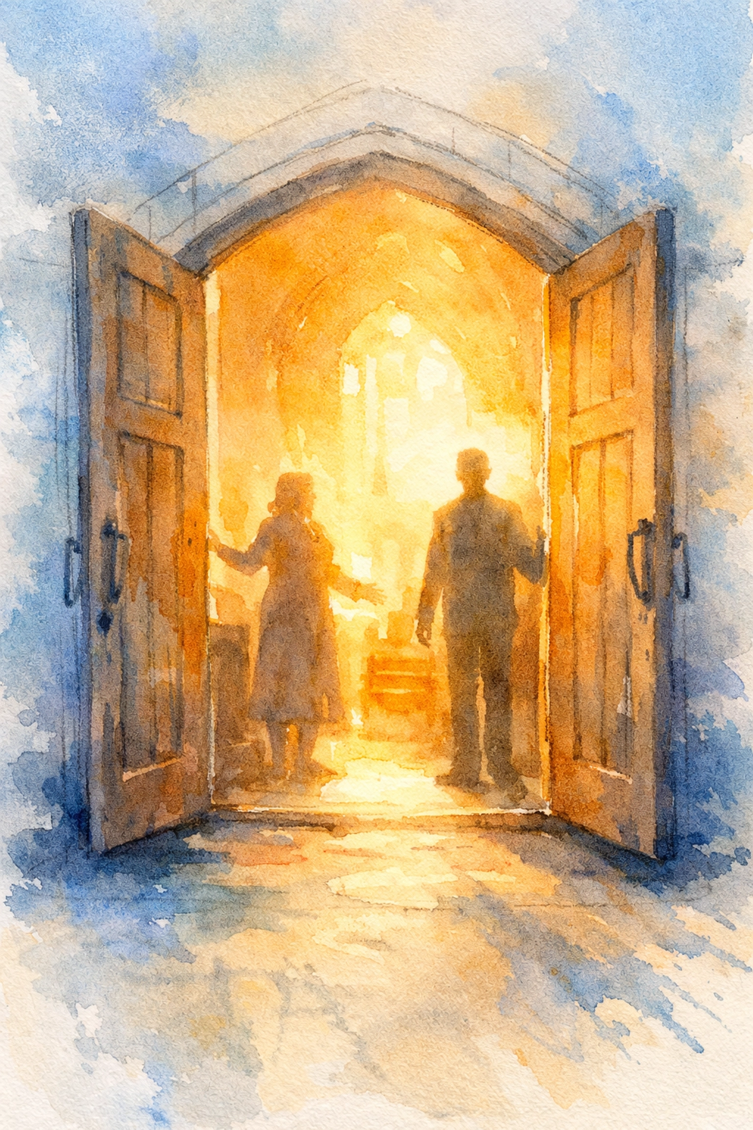 Welcoming church doors open with warm light inviting new members to belong in Memphis congregation