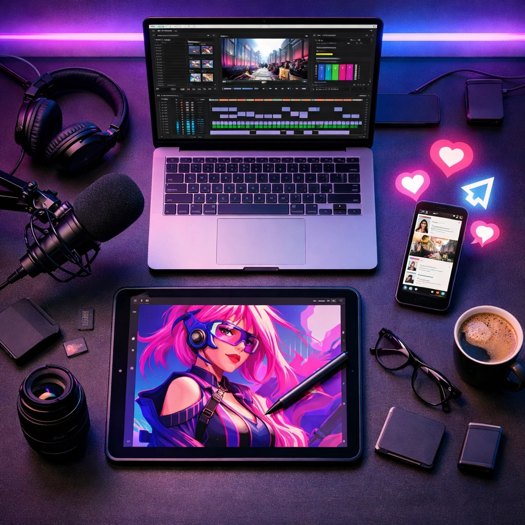 Digital content creator workspace with video editing tools and social media engagement symbols.