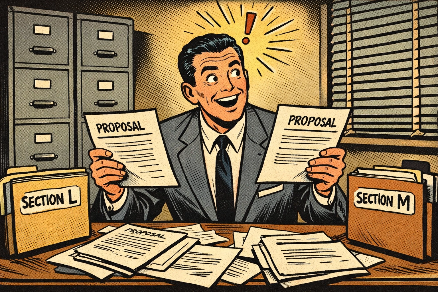 Government contractor comparing Section L and Section M requirements at desk