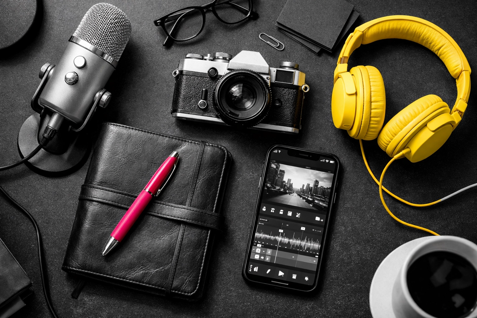 A multi-hyphenate artist entrepreneur’s desk with creative tools like a microphone and film camera.