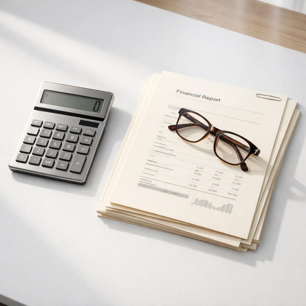 Modern office desk with a calculator and financial documents for 2026 tax bracket calculations.