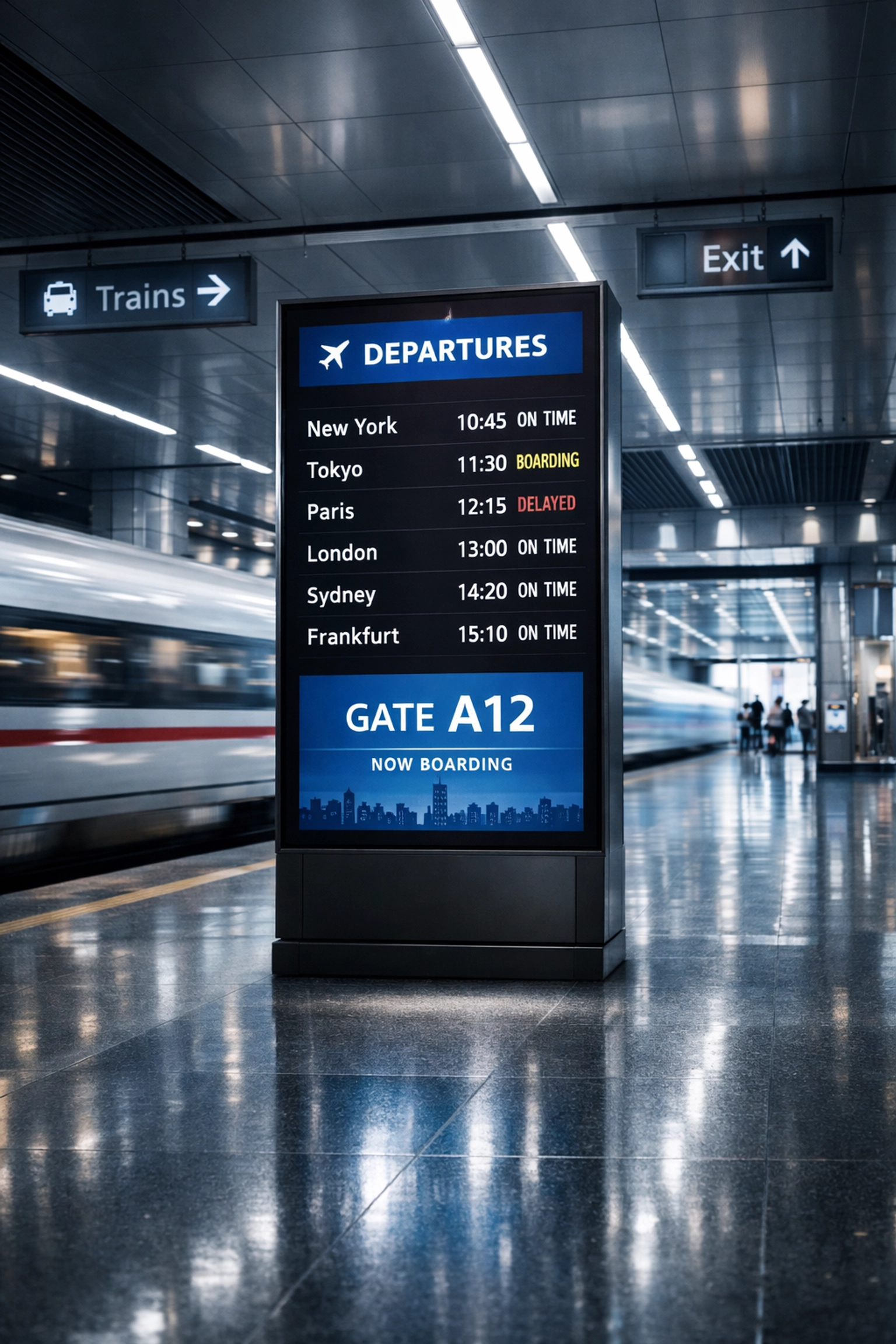 Modern DOOH digital advertising screen in a high-traffic international transit station terminal.