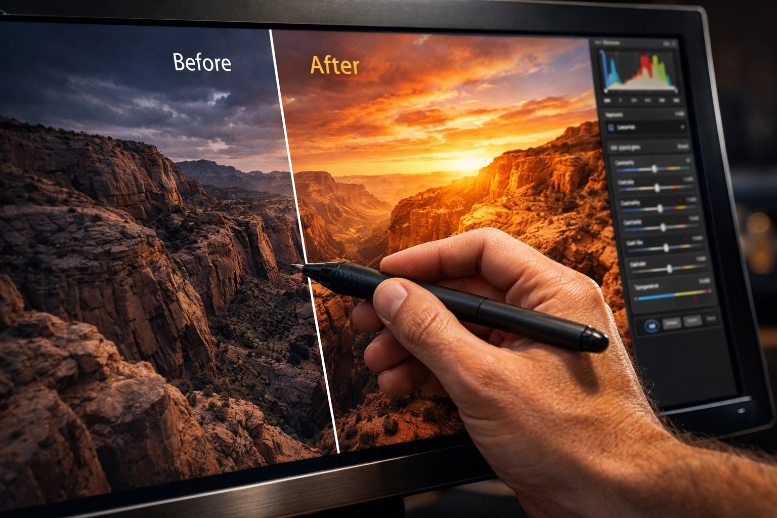 Editing a desert canyon photo on a monitor, showcasing the latest photography news and AI tools.