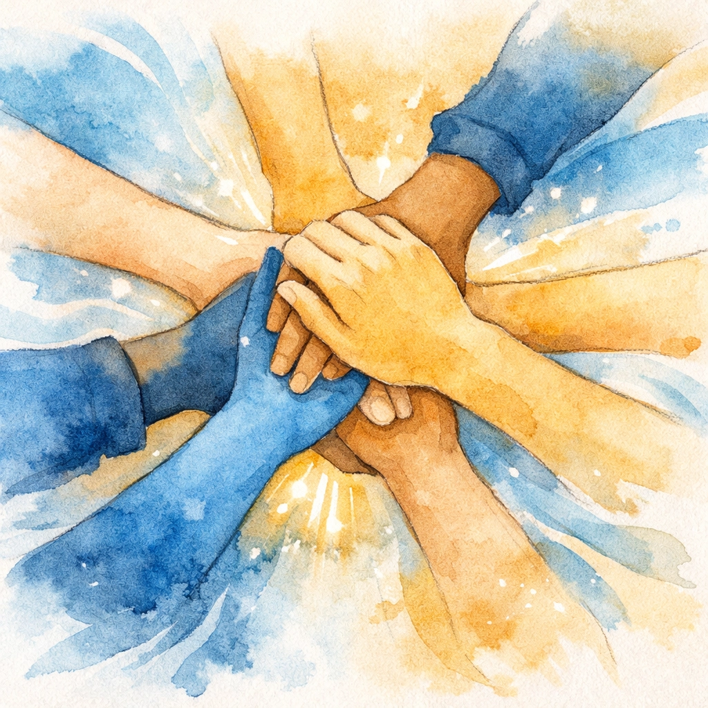 Diverse volunteer hands joining together in unity, symbolizing teamwork and collaboration