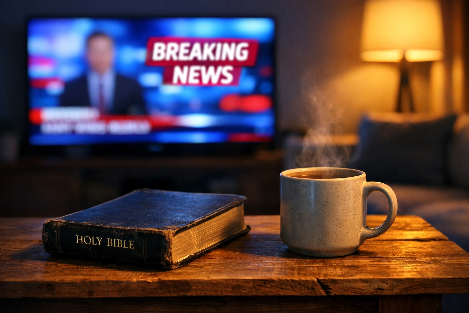 Bible and coffee mug on a table, representing peace in a home with news playing in the background.