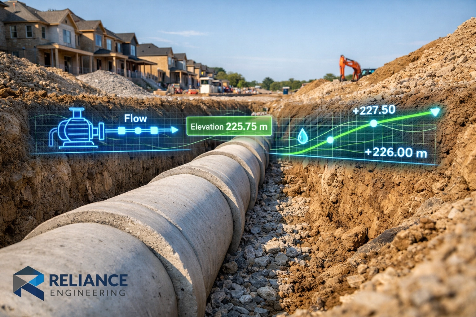Installation of concrete storm sewer pipes and site servicing for an Ontario residential development project.