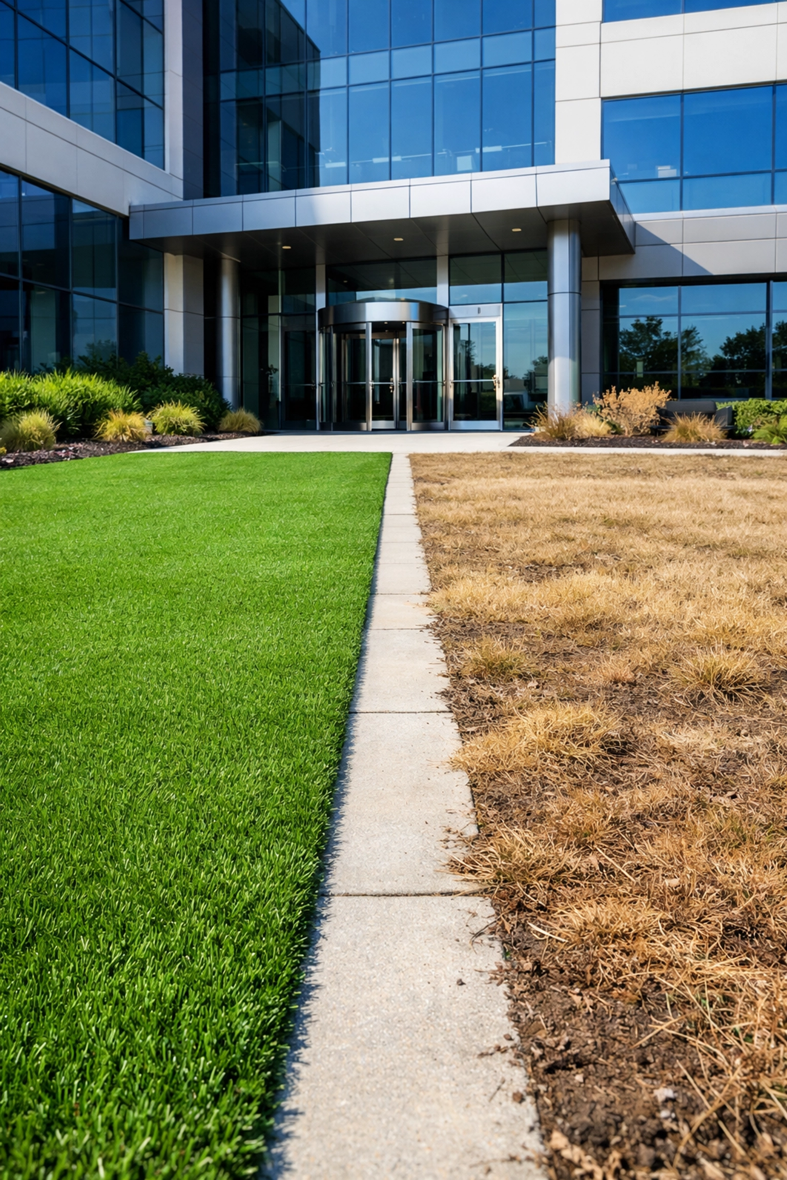 Commercial building entrance comparing green artificial turf to dead natural grass for AB 1572 compliance