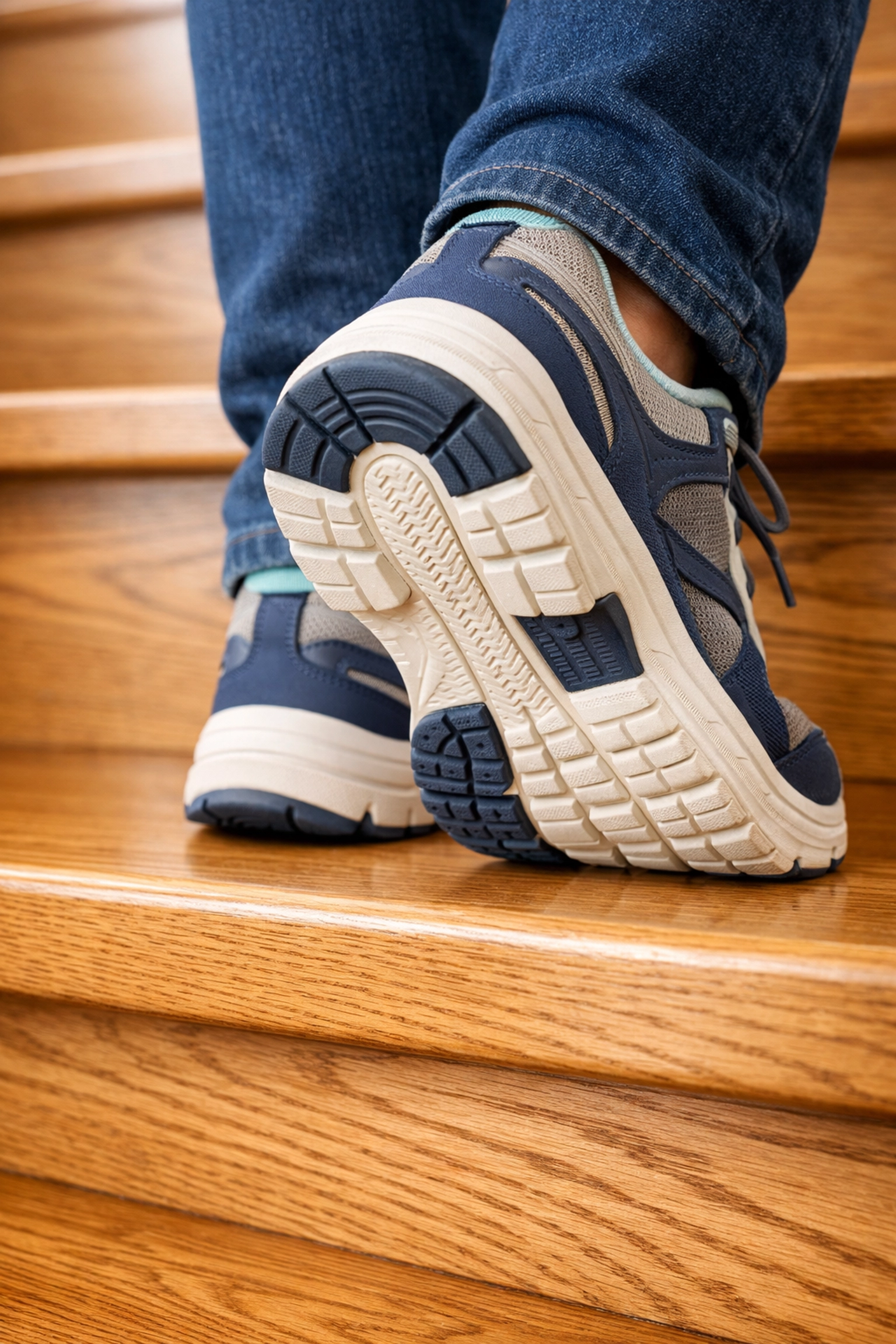 Close-up of supportive non-slip sneakers on a wooden step, demonstrating proper footwear for stair safety.