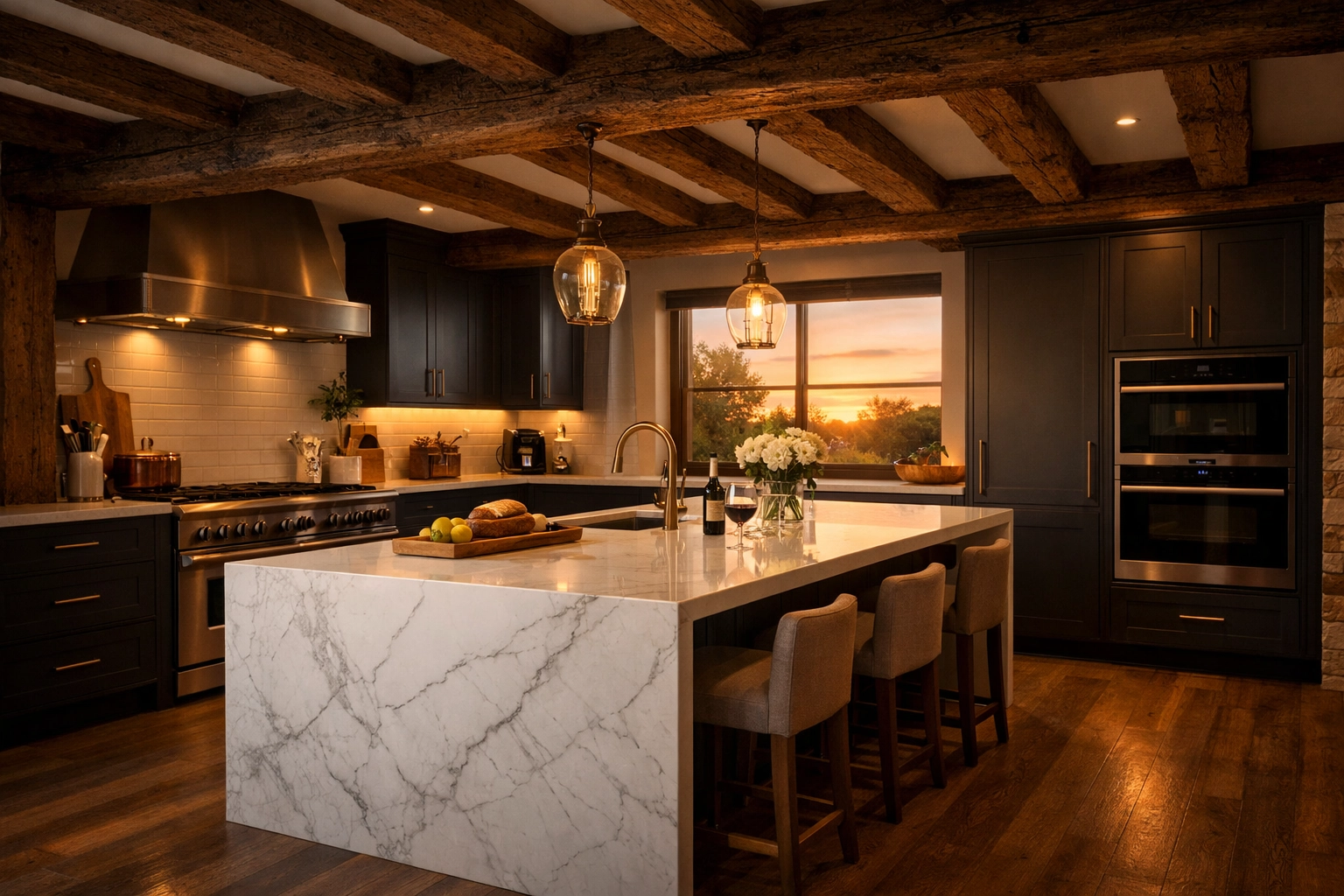 Completed bespoke kitchen with charcoal cabinetry and oak beams in a West Sussex home.