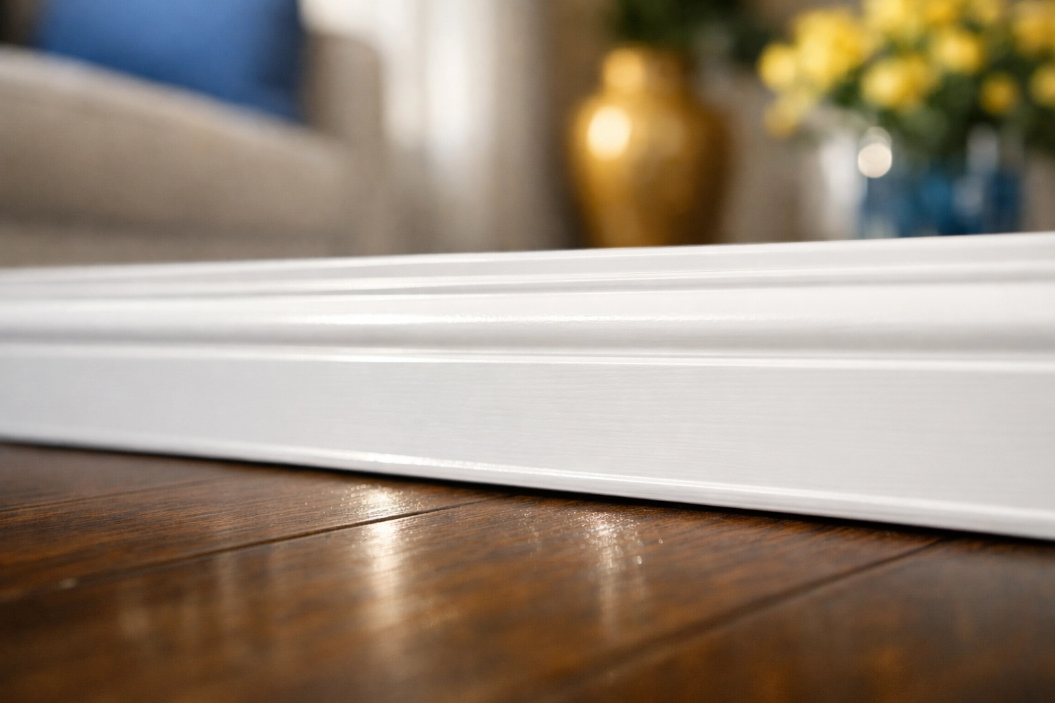 Detail shot of sparkling clean white baseboards and wood floors after a Ninja level deep cleaning in Lincoln.