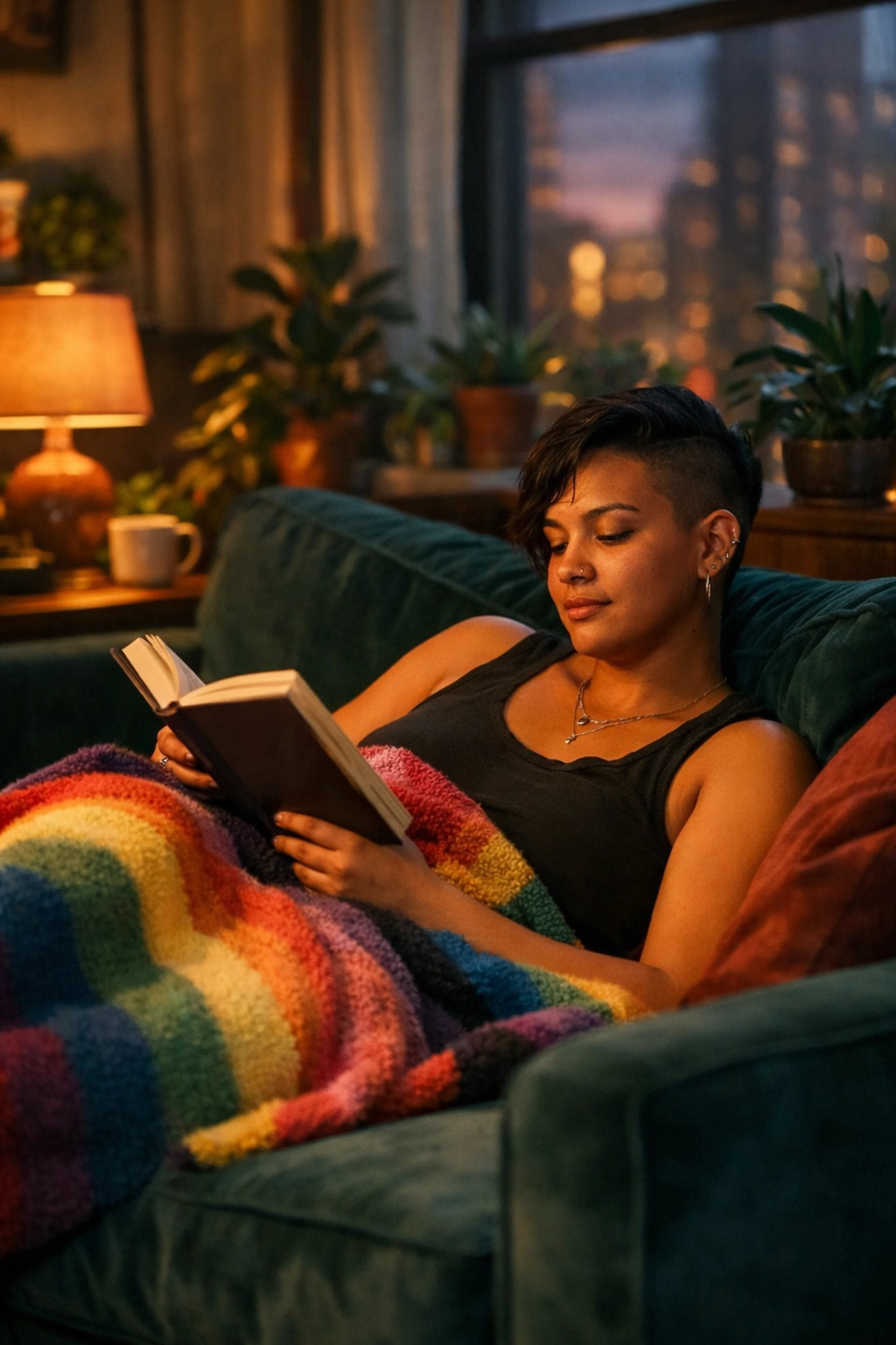 A queer reader relaxing at home with an authentic MM romance book in a safe, inclusive space.