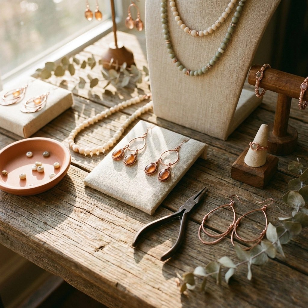 Flat-lay display of handmade jewelry, including earrings, necklaces, and rings, at a rustic craft show booth