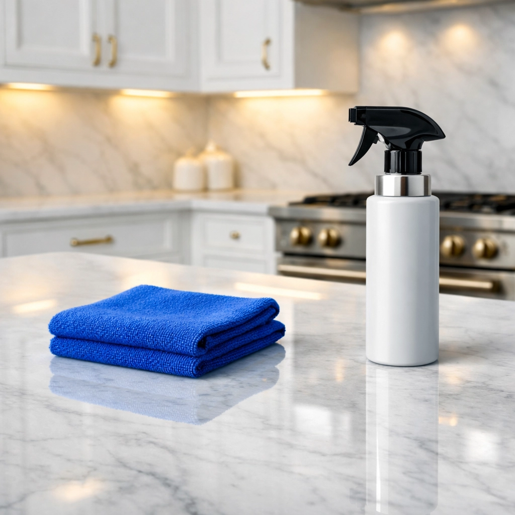 Polished white marble kitchen counter reflecting Cohasset Harbor luxury cleaning excellence.